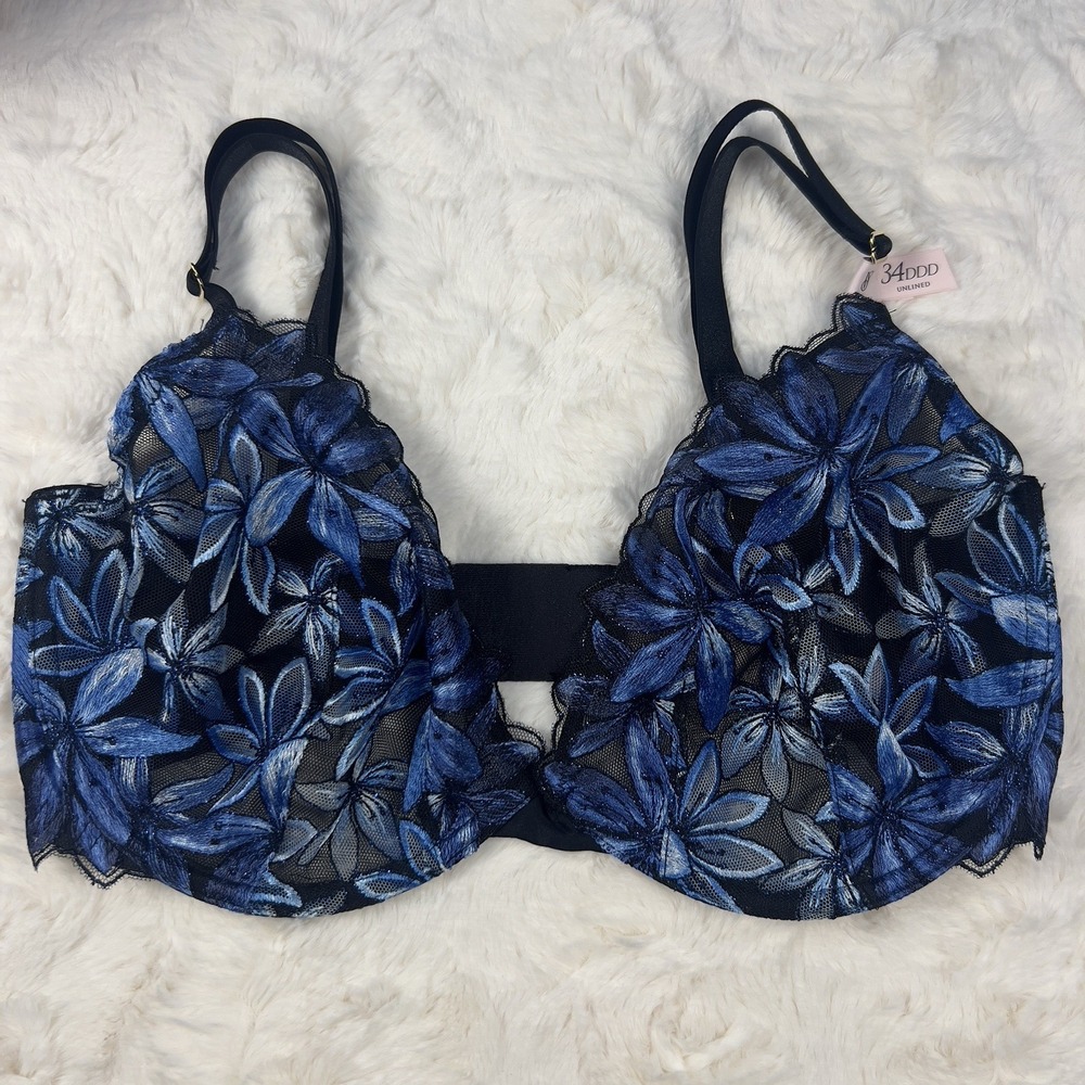 Victoria's Secret Very Sexy‎ Low Cut Demi Bra Blue Black Mesh Floral 34DDD NWT